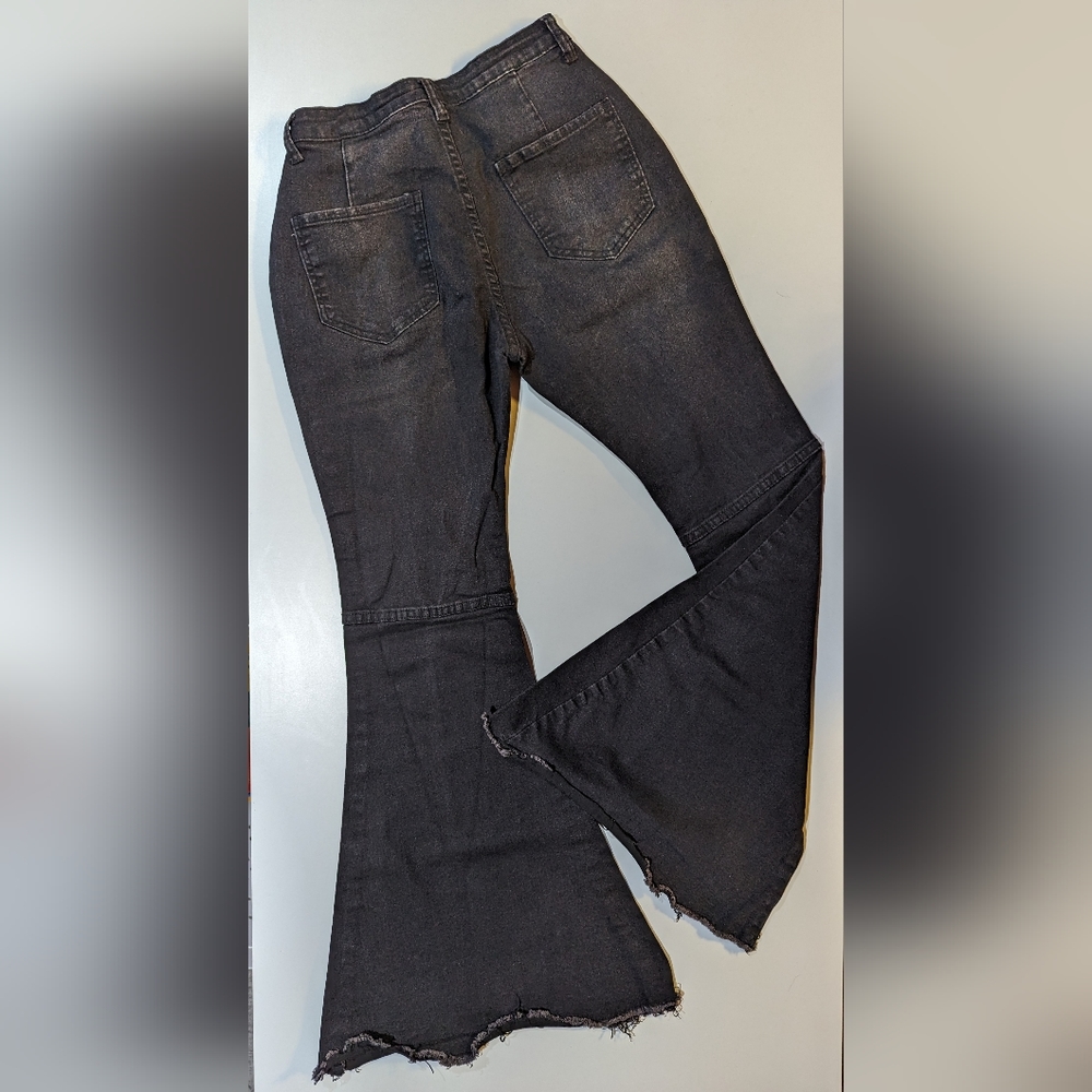 Women's M Black Super Flare Bell Bottom Jean Distressed Knee Super Stretchy - Picture 2 of 8